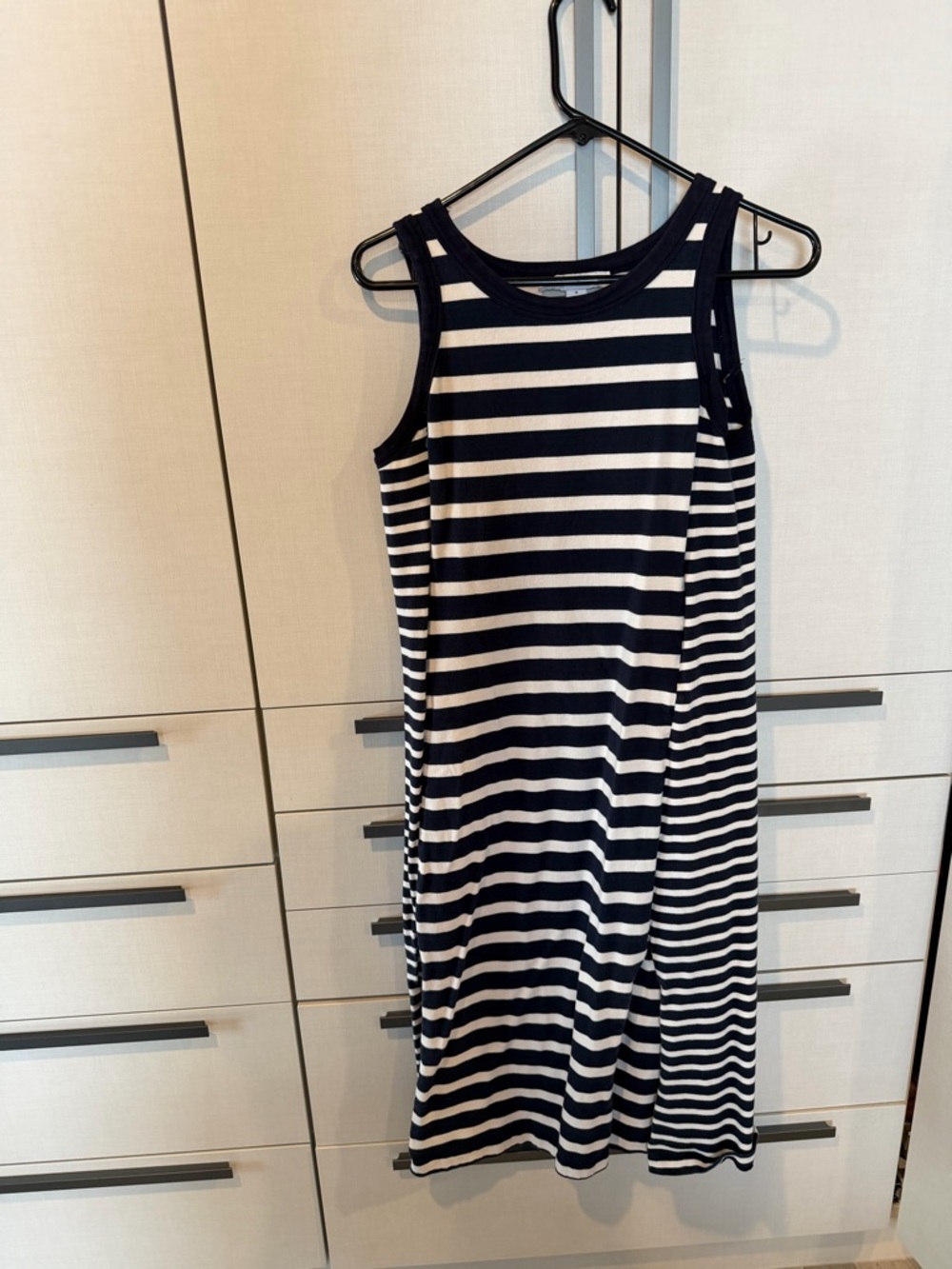 Sleeveless Navy and White Striped Midi Dress